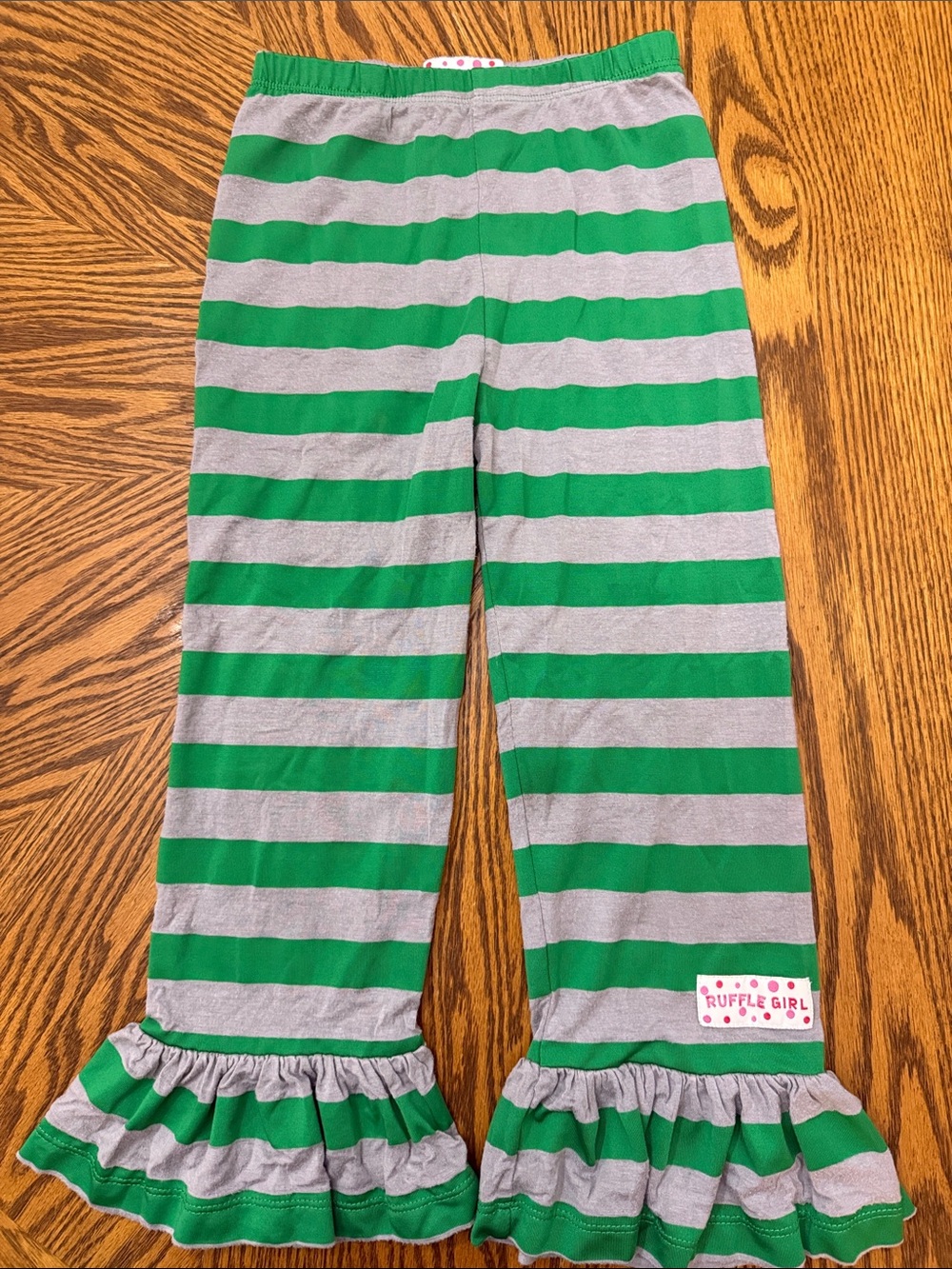 Ruffle Girl Green & Gray Striped Girl Kid Leggings with Ruffle Hem Sz 7